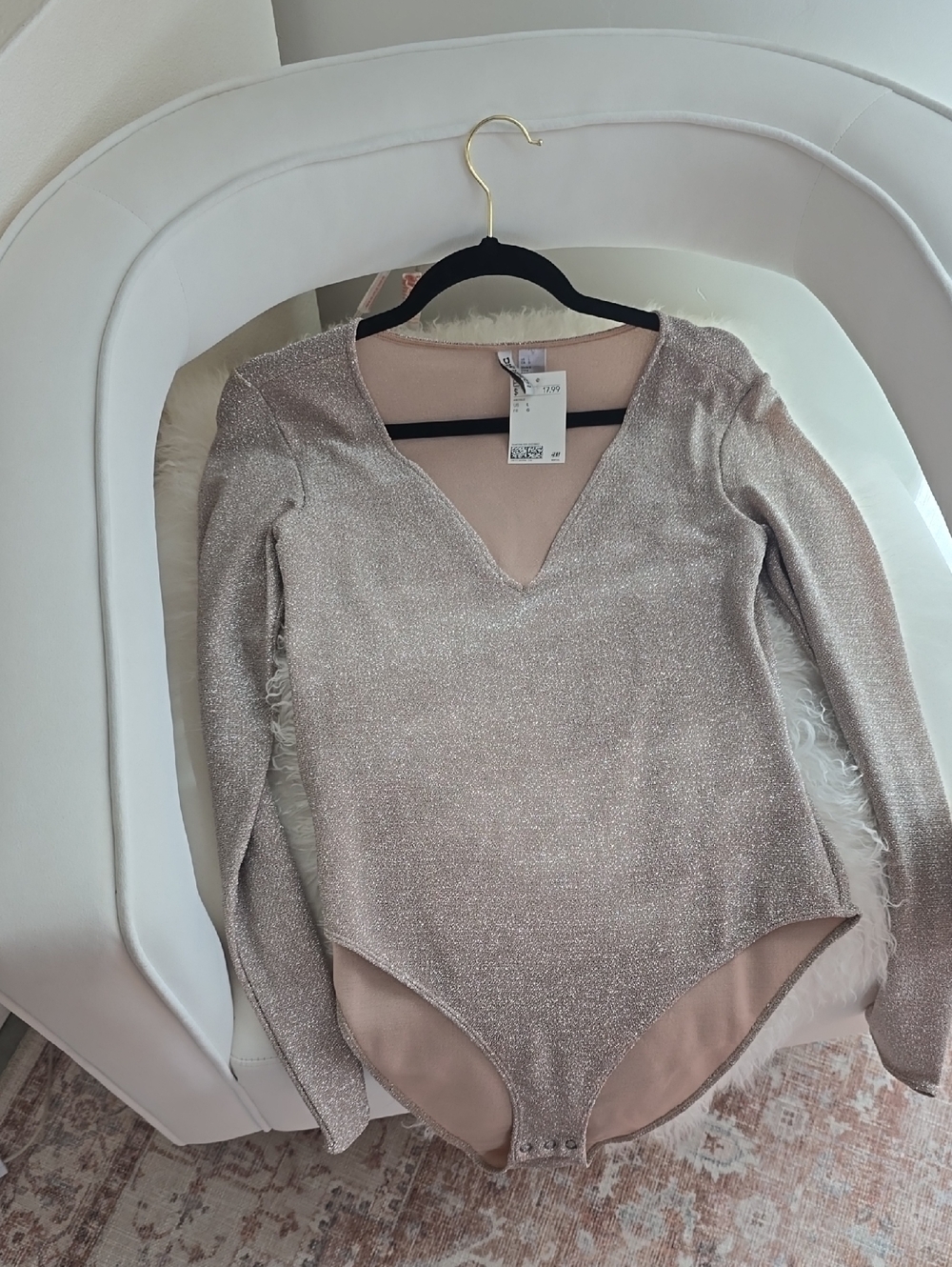 H&M Sparkle Nude Long Sleeve V-Neck Bodysuit